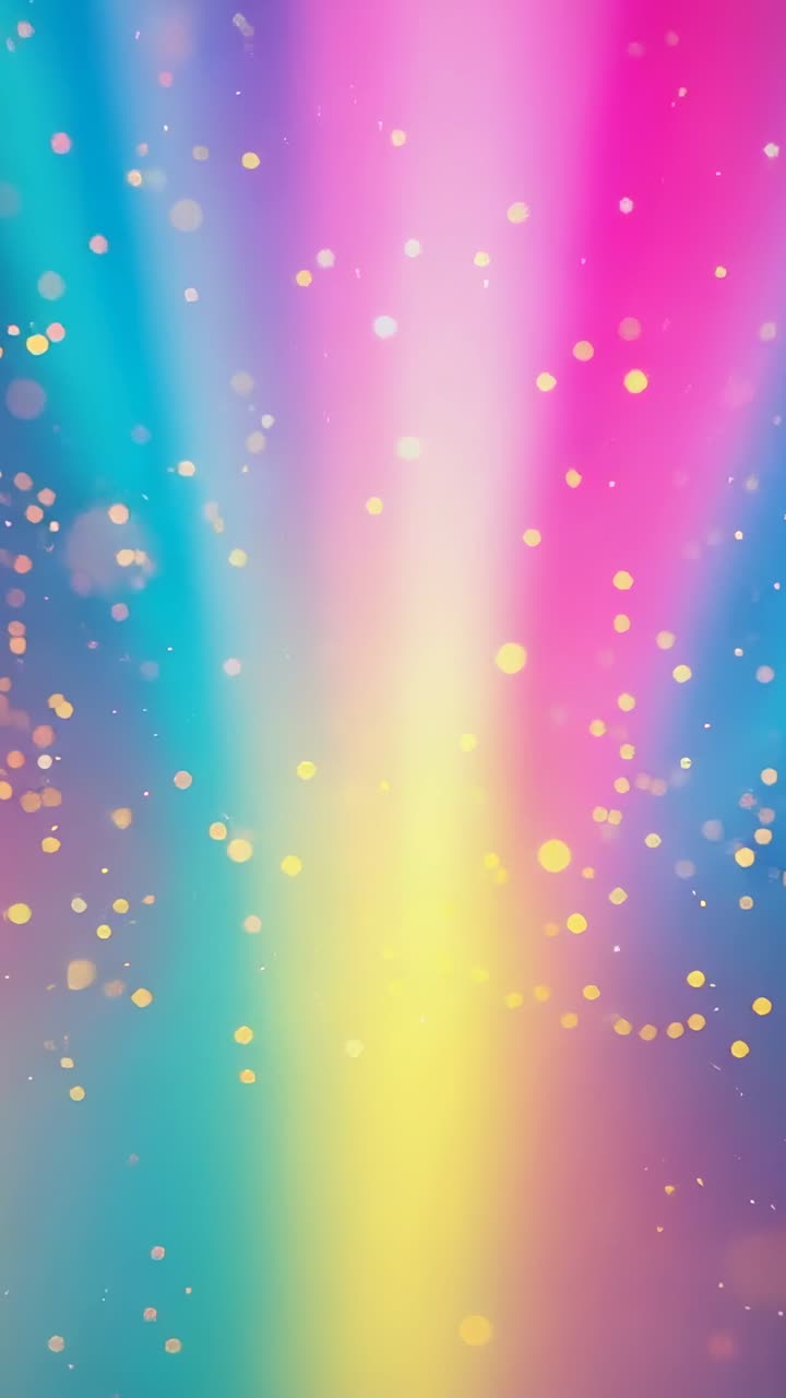 Vertical video: Three vertical light beams pulsating in digital backdrop, with drifting gold bokeh