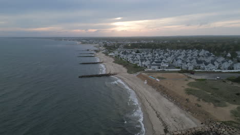 Dennis-port-and-nantucket-sound-at-sunset,-aerial-view