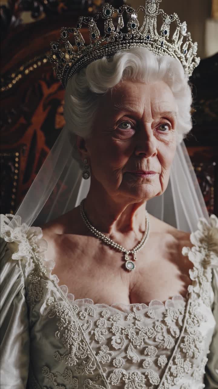 En kongelig eldre kvinne i en praktfull kjole sitter på en trone i et storslått rom.