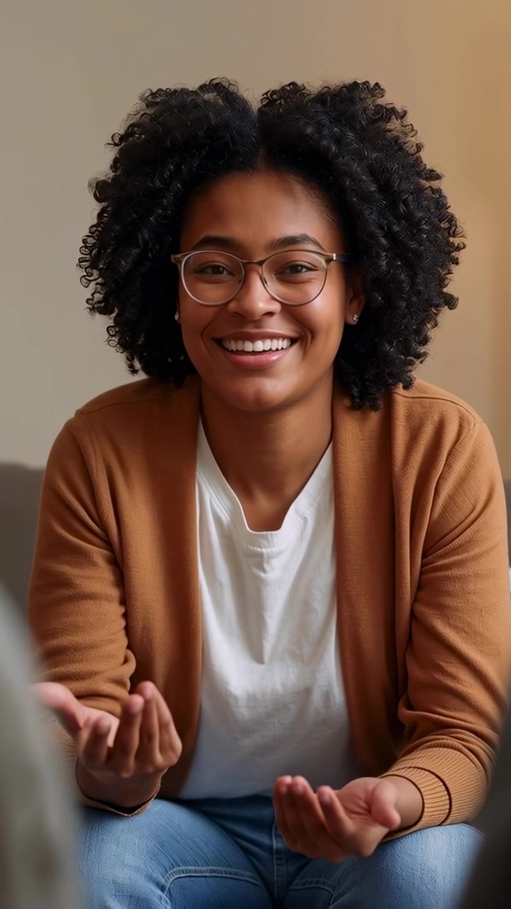 Video verticale: Donna sorridente che indossa occhiali e un cardigan, che parla su un divano, gesticolando per coinvolgere.