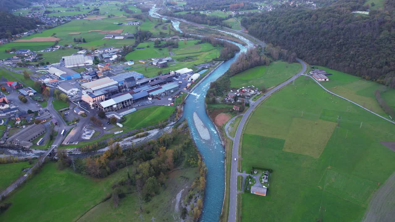 Aerial view of Soulom hydroelectric plant in scenic Pyrenees, France
