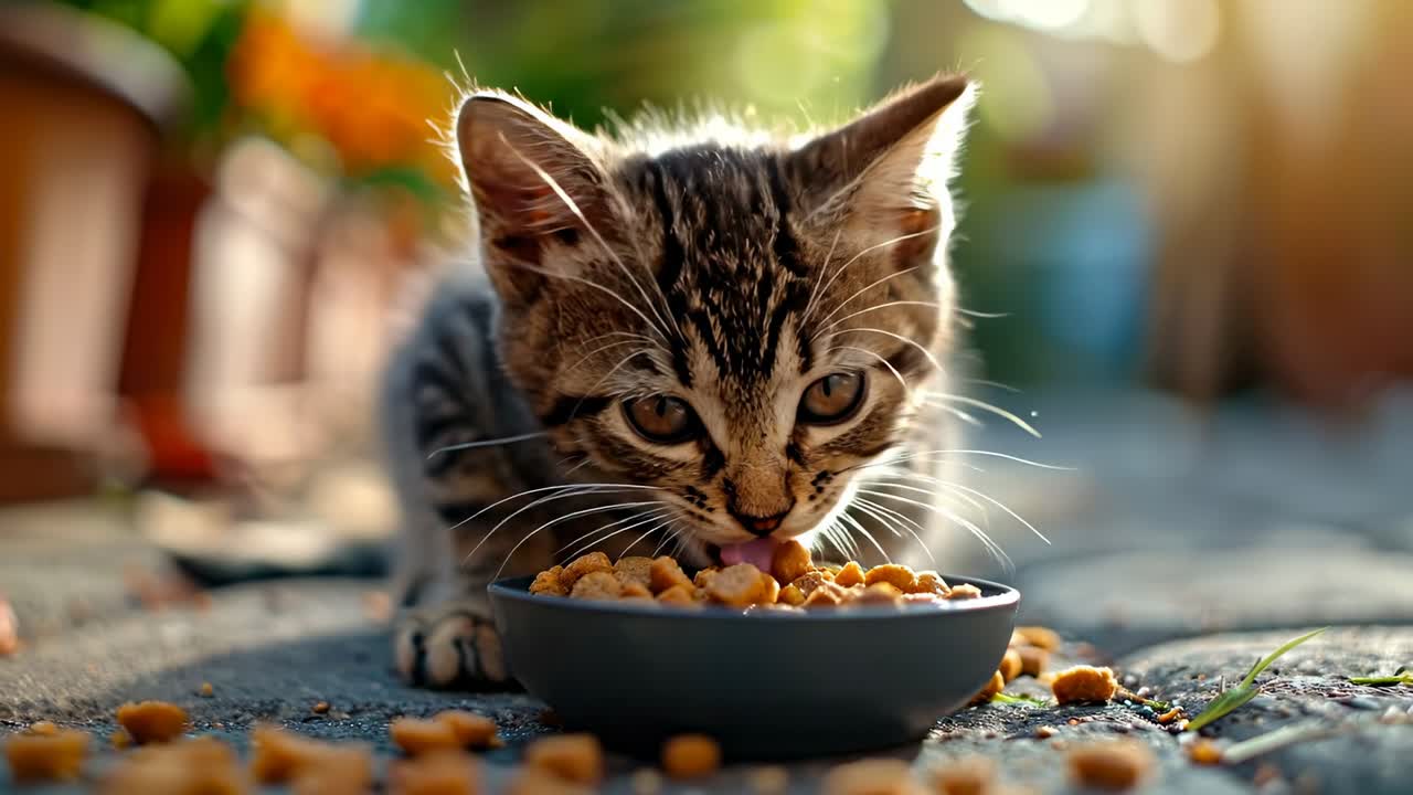 Kätzchen genießt Futter in der Sonne. Ein kleines Kätzchen genießt es, Trockenfutter aus einer Schale in einem hellen Garten bei Tageslicht zu fressen.