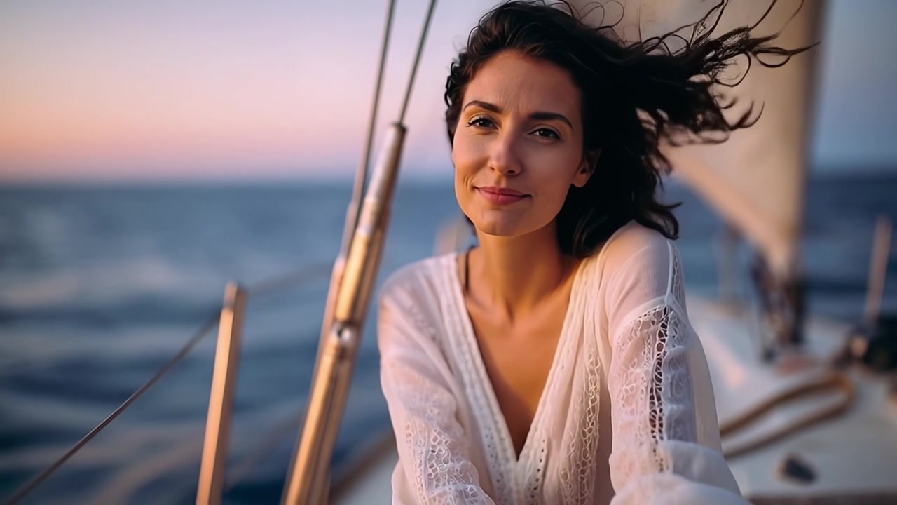 Una serata serena sull'acqua, che cattura un momento di riflessione e tranquillità mentre una donna si gode il tramonto navigando su un mare calmo