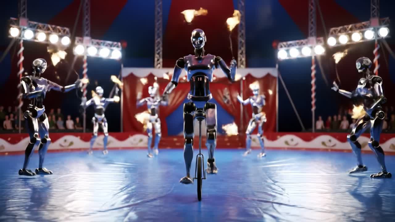 A Spectacular Performance of Robot Entertainers in a Colorful Circus Setting, Featuring Fire Juggling and Unicycle Skills Under Dazzling Spotlights