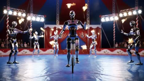 a spectacular performance of robot entertainers in a colorful circus setting, featuring fire juggling and unicycle skills under dazzling spotlights