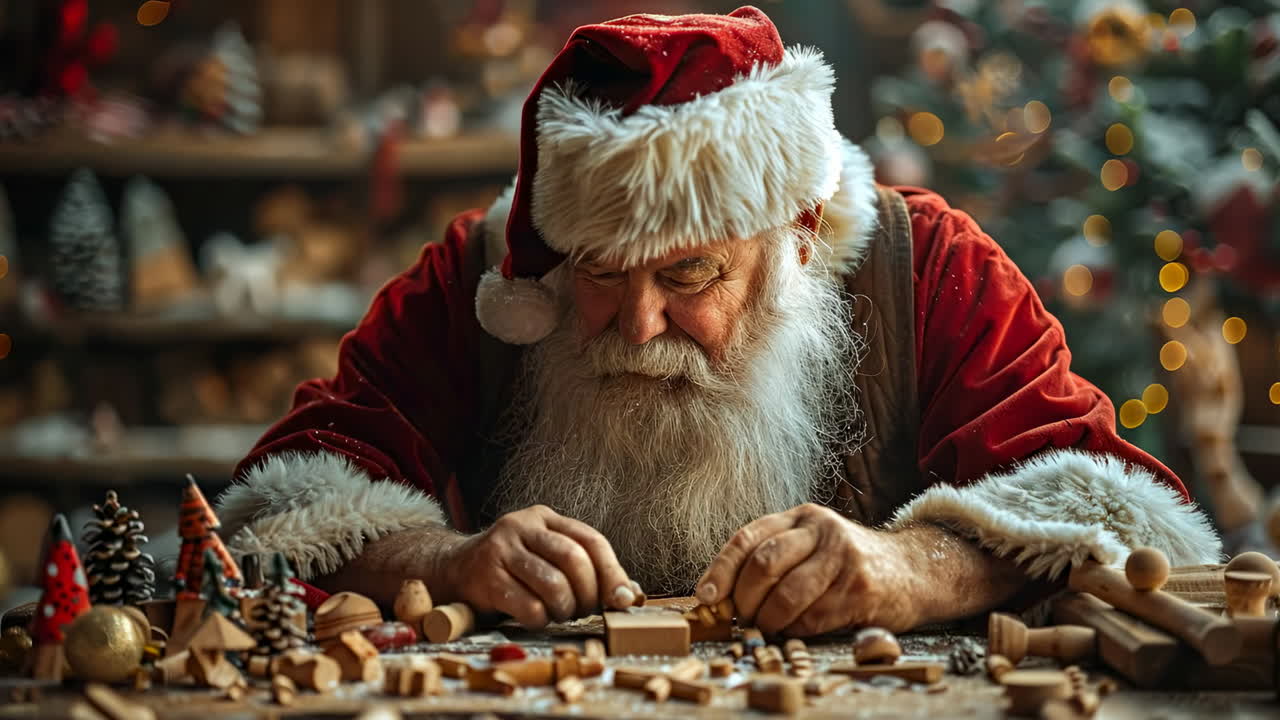 Santa prepares toys in his workshop. Santa makes toys in his festive workshop, surrounded by decorations and cheerful wooden figurines