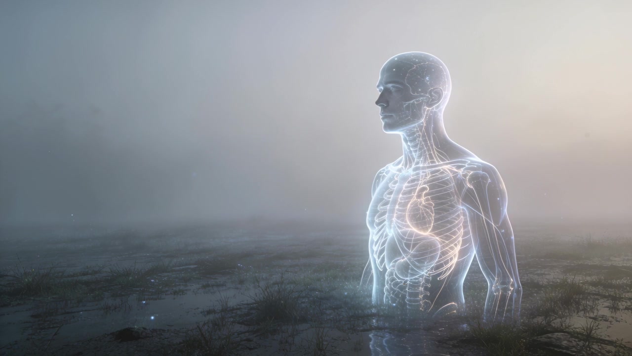Holograma pulsante con un corazón brillante y luces flotantes en un pantano con niebla, secuencia comenzando, espacio para texto