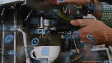 animated hands securing portafilter into espresso group head, showing holographic ui overlays