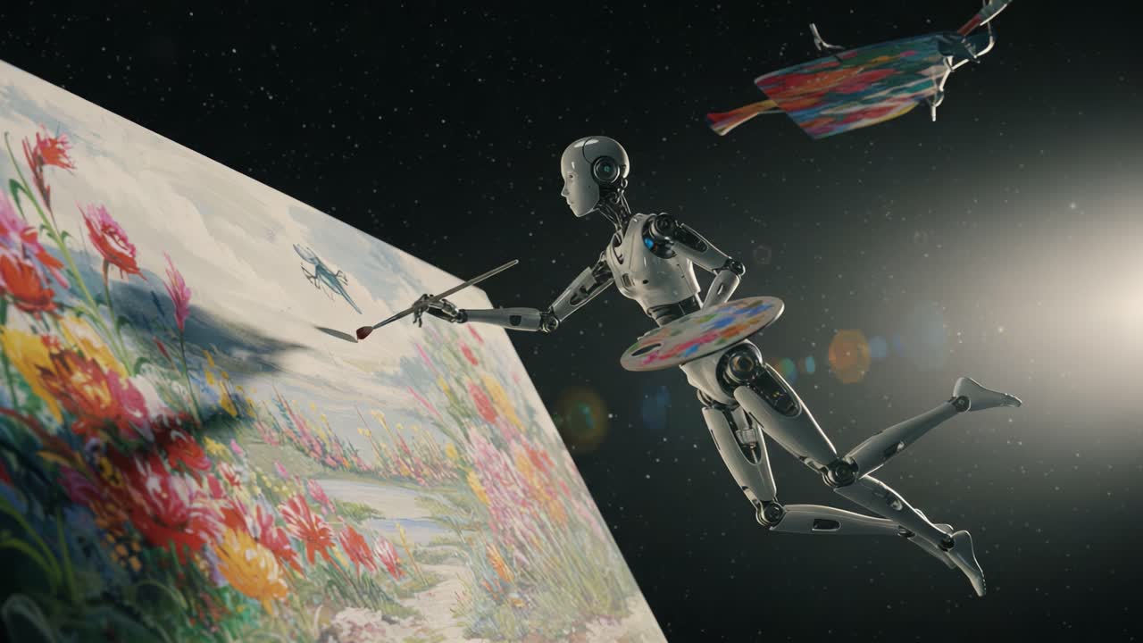 Captivating Robotics: An Artistic Journey Through Space as Robots Create Vibrant Floral Paintings Amidst Cosmic Wonders