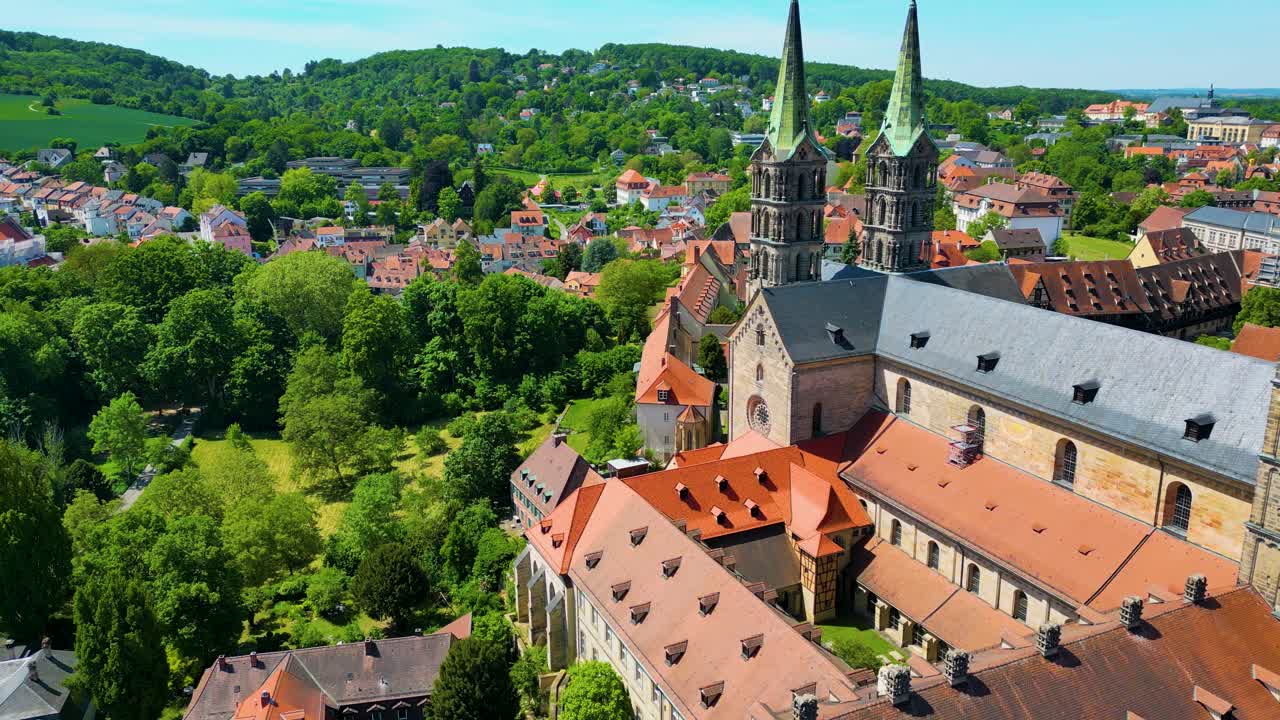 4K Aerial Drone Video of the Historic Bamberg Cathedral and Michaelsberg Abbey in the Old Town area of Bamberg, Germany