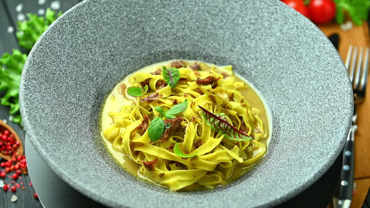 Pasta fresca con ragù servita in una ciotola rotonda su un tavolo di legno. La pasta fresca è condita con ragù ed erbe aromatiche su un piatto scuro