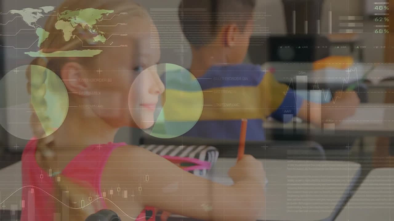 Animación de interfaz infográfica multicolor, un profesor diverso enseñando a estudiantes en un aula