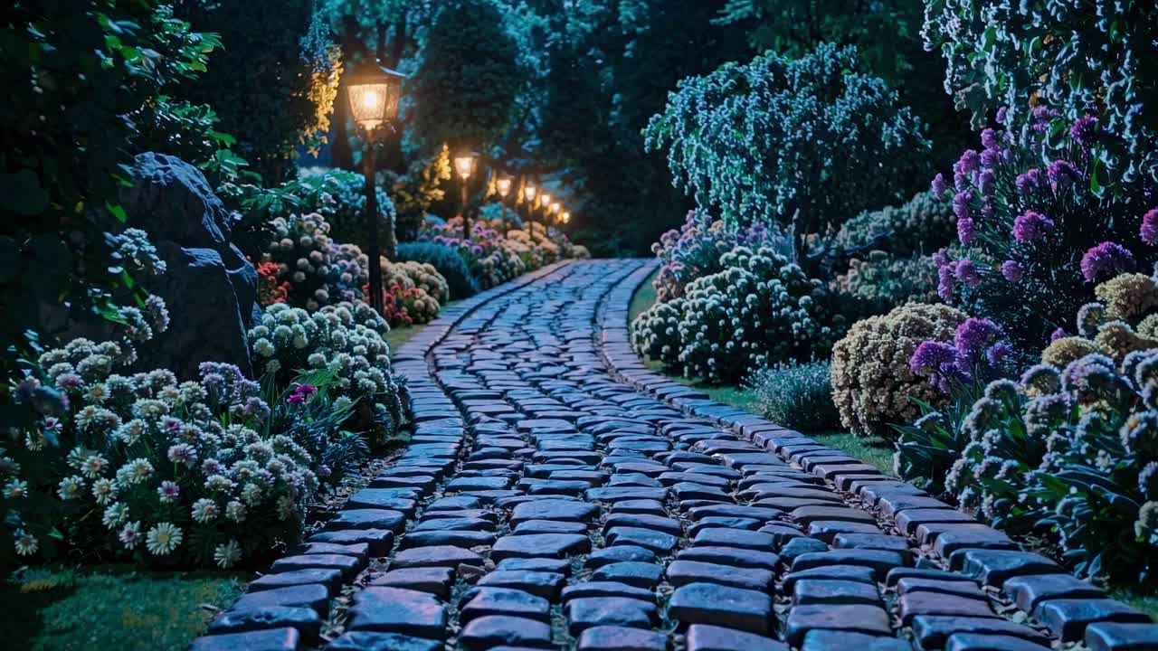 A cobblestone path at night, illuminated by lanterns, creates a magical garden scene