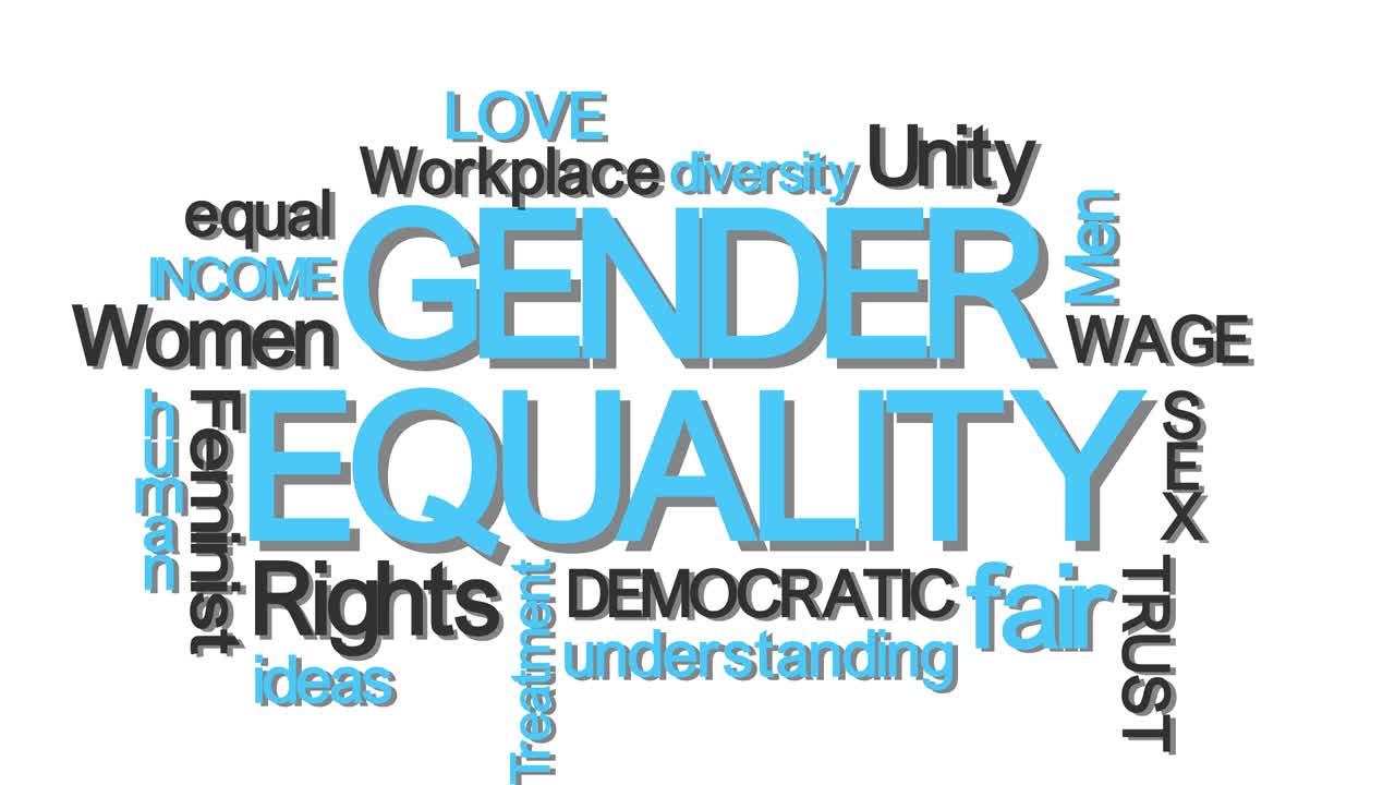 Gender equality typography word cloud with relevant buzzwords blue