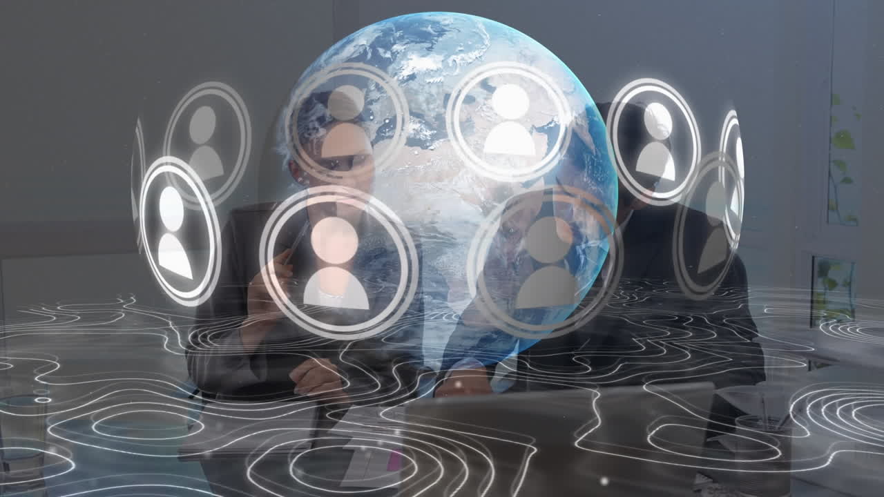 animación de iconos de perfil en todo el mundo, patrón abstracto contra diversos compañeros de trabajo discutiendo informes.