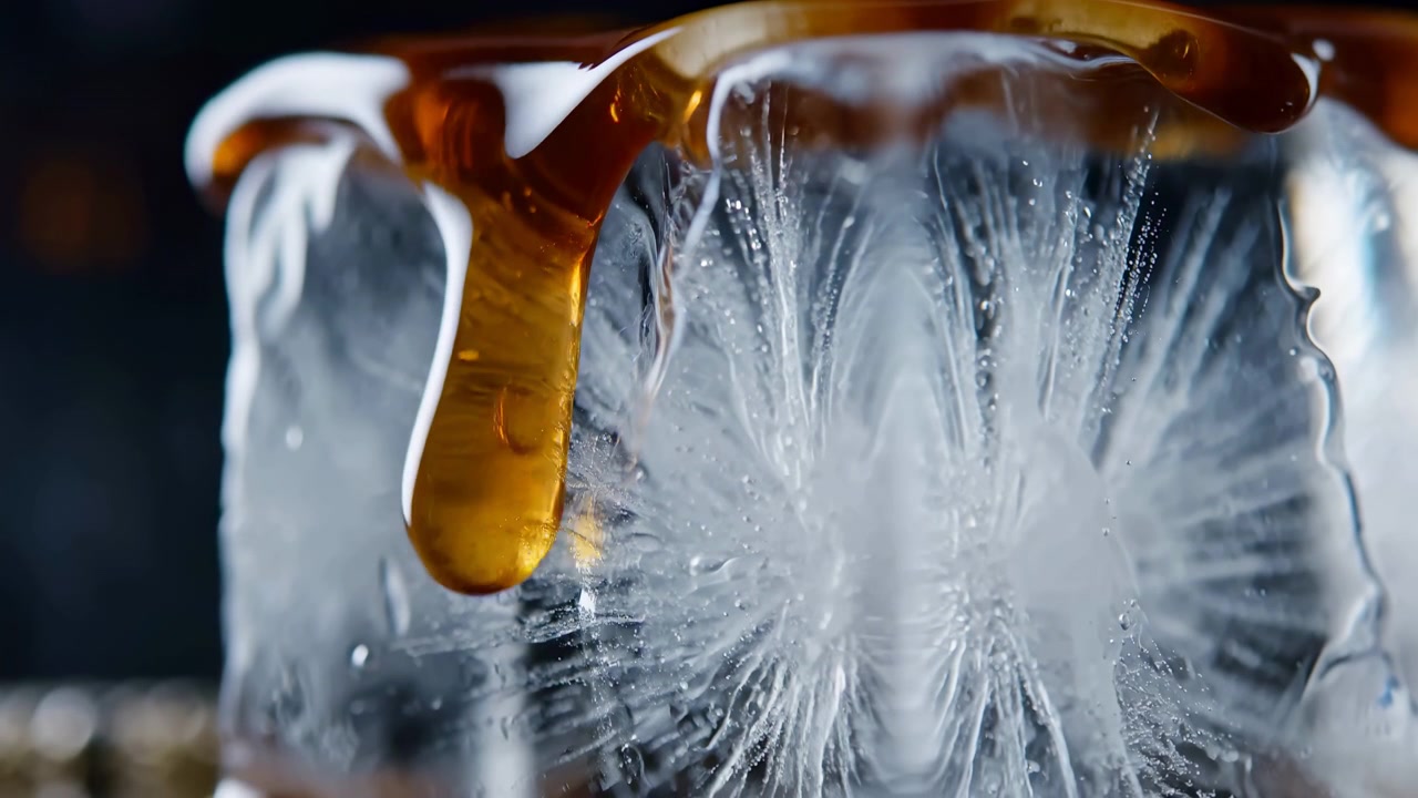 Makronærbillede viser ravfarvet væske, der spreder sig over en transparent frossen overflade, hvilket skaber kontrast med hvide krystallinske detaljer, reflekterende teksturer og subtil bevægelse under dramatisk belysning.