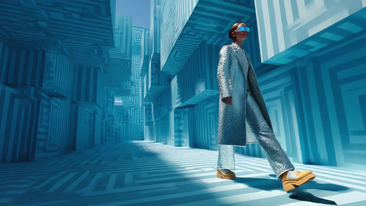 A futuristic figure traversing a mesmerizing blue and patterned digital landscape, showcasing a blend of fashion and innovation in an immersive 3D environment