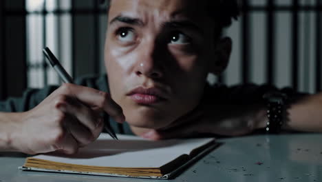 man writing in notebook in jail cell
