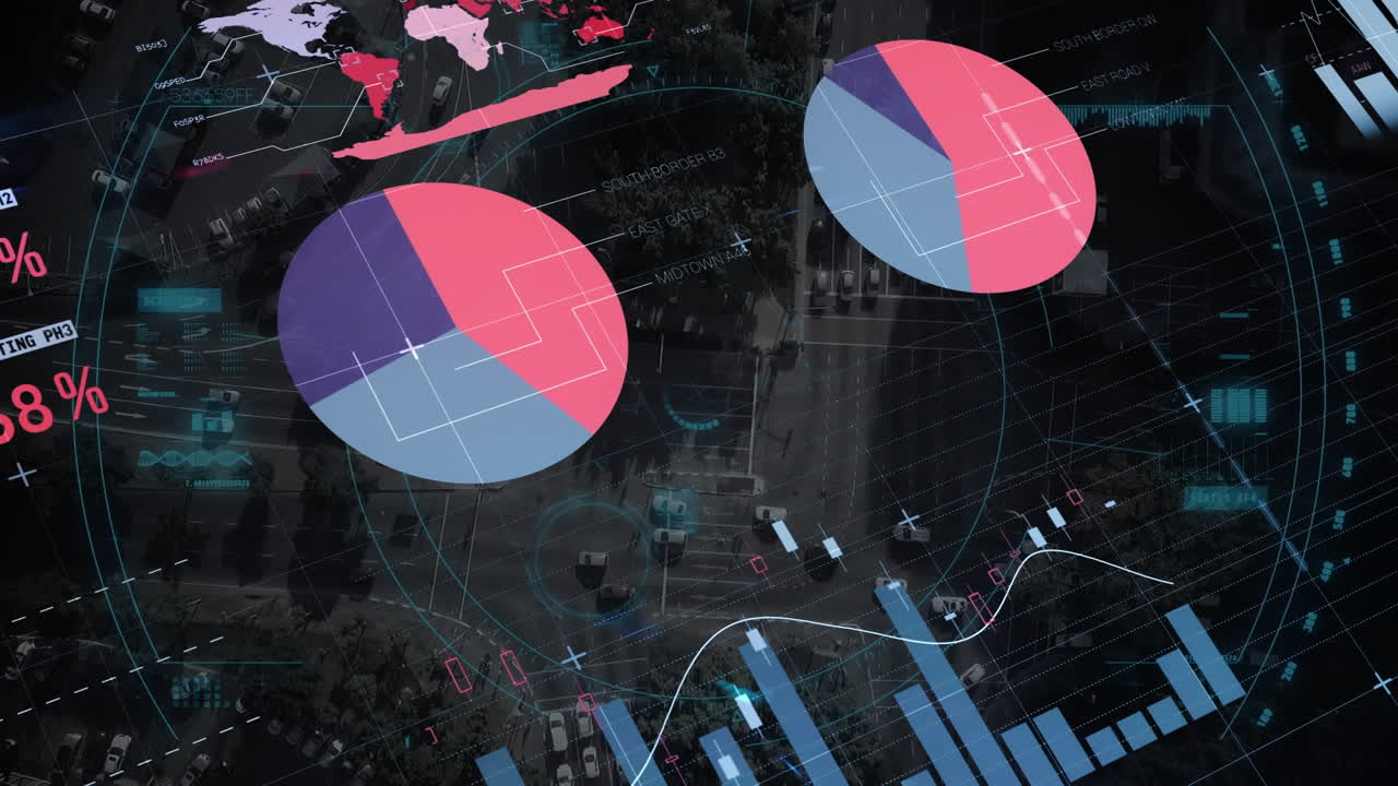 animación del procesamiento de datos y las estadísticas en pantalla sobre el paisaje urbano