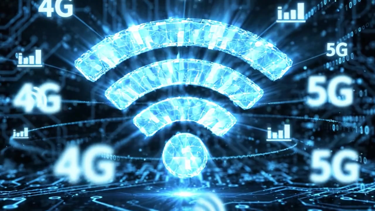 En rejse gennem et futuristisk digitalt landskab, der repræsenterer konnektivitet og informationsflow med et imponerende Wi-Fi-symbol i centrum