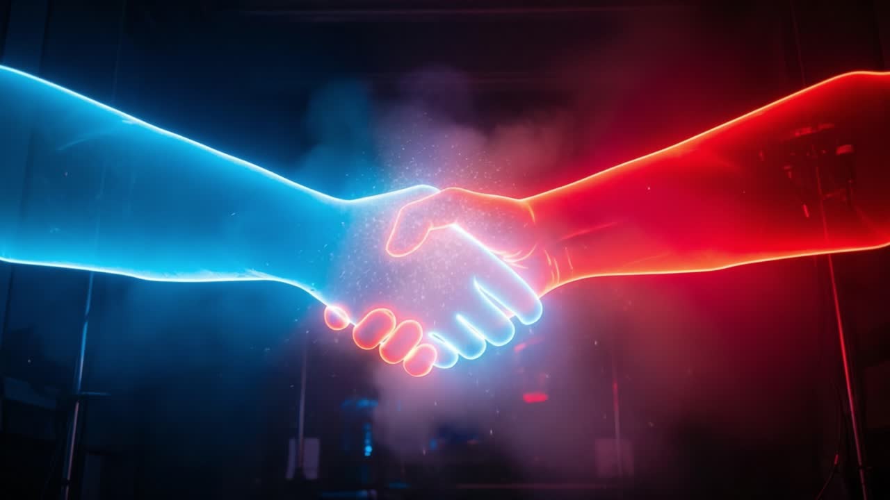 Symbolic Representation of Unity: A Digital Handshake Between Two Colorful Figures, Highlighting Collaboration and Connection in a Futuristic Environment