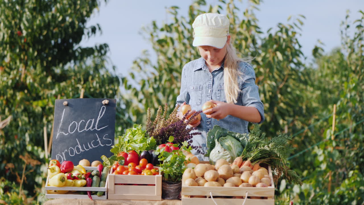농부 소녀는 농업 박람회에서 야채를 판매하고 카운터에 야채를 놓습니다.