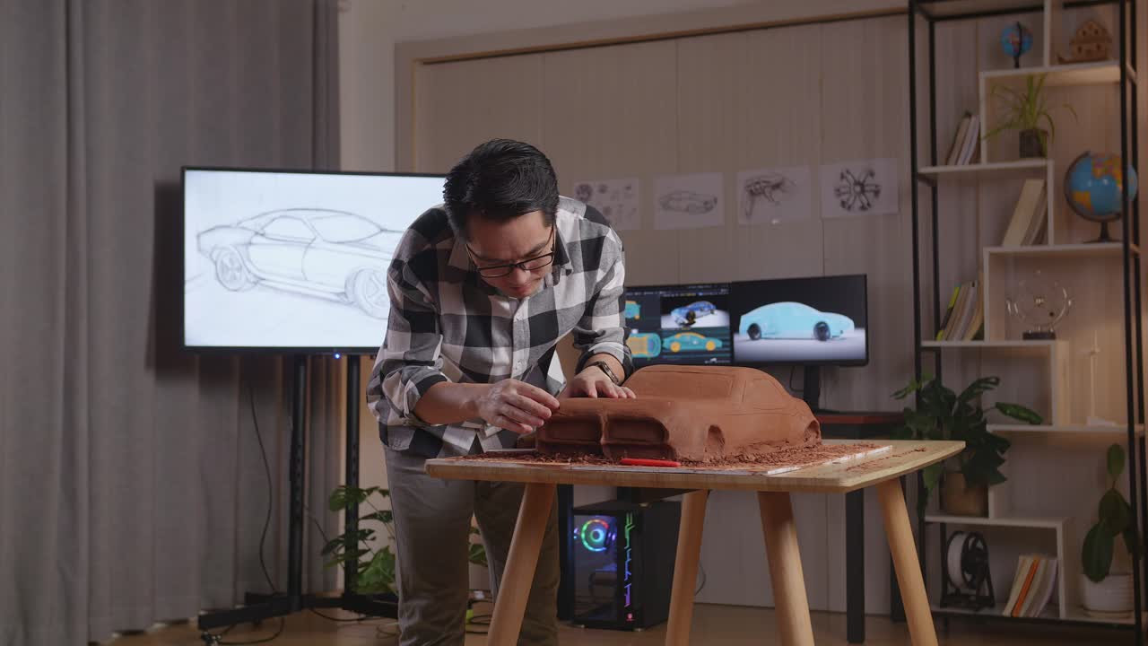 el diseñador automotriz asiático trabaja en la escultura de arcilla de automóviles usando sus manos para suavizar la superficie y crear detalles en el diseño en el estudio