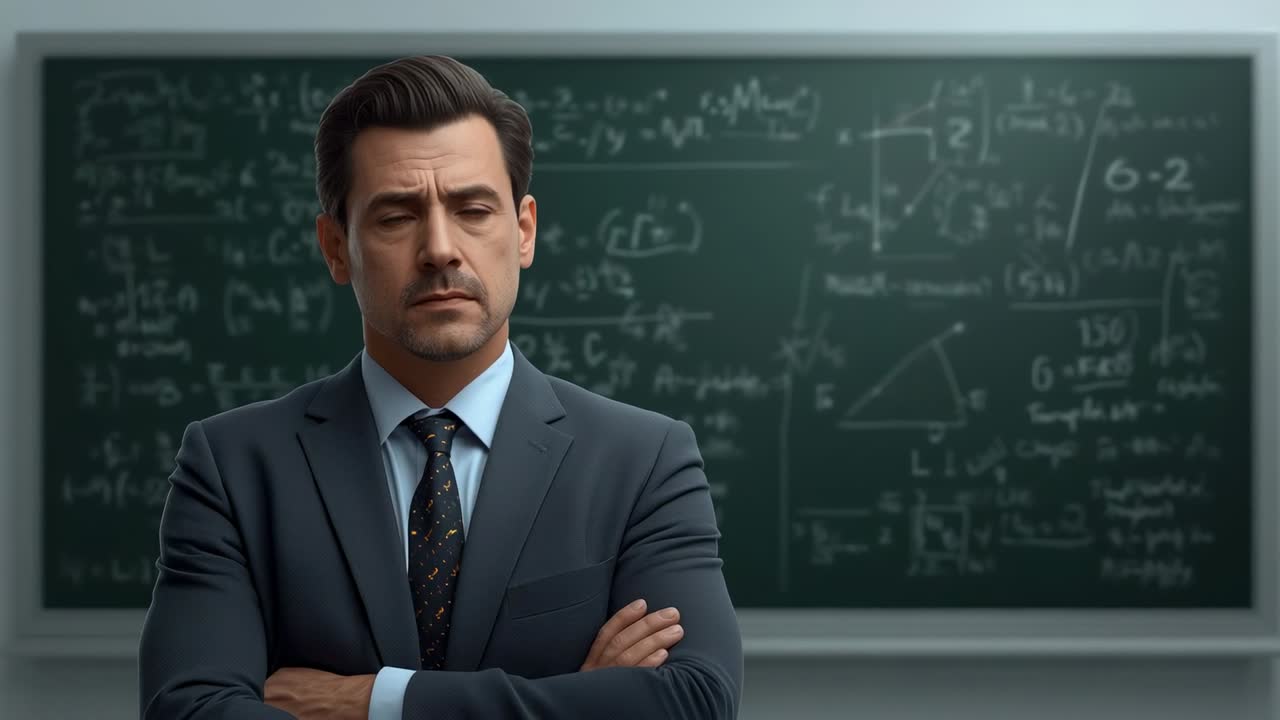 Standing teacher maintaining folded arms and serious gaze in classroom, chalkboard of equations