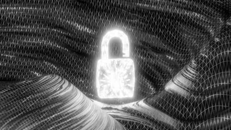 Glowing white padlock over abstract digital mesh surface in dark space. Cyber security and data encryption concept. Design for banner, poster, wallpaper, vertical