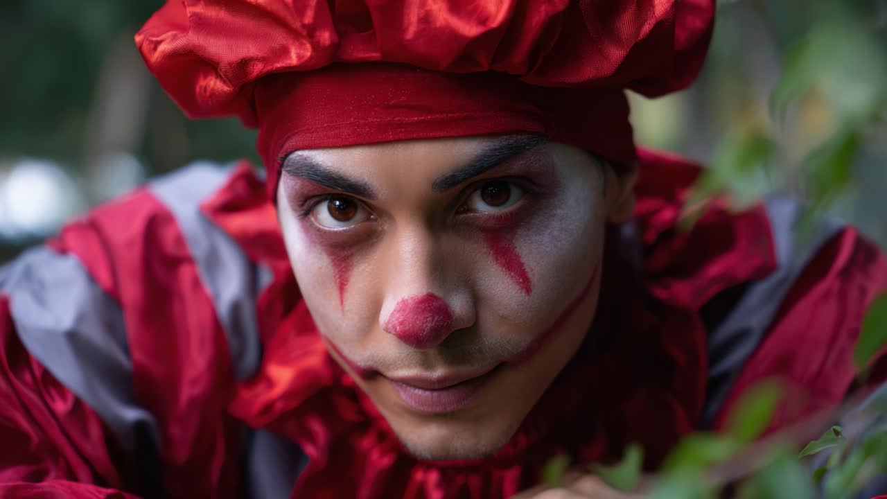Un clown misterioso scruta da dietro il fogliame con uno sguardo intenso, indossa un vivace abito rosso e trucco, creando un'atmosfera inquietante ma accattivante