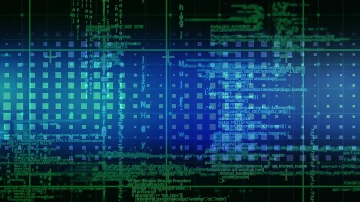 Animation of glowing data processing with markers over grid