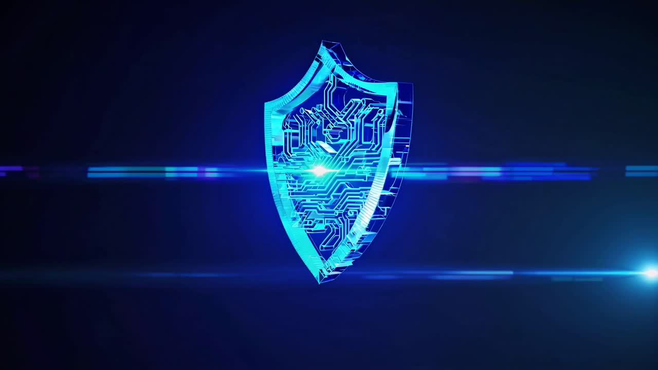 Futuristic video featuring a rotating 3D metallic object with blue light effects, set against a dark