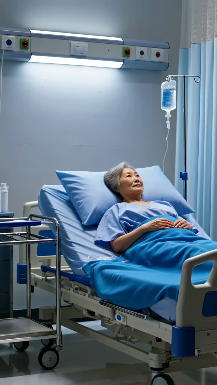 Elderly Woman in Hospital Bed with IV Drip