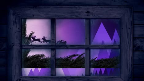 Animation-of-santa-claus-in-sleigh-with-reindeer-in-christmas-winter-scenery-seen-through-window