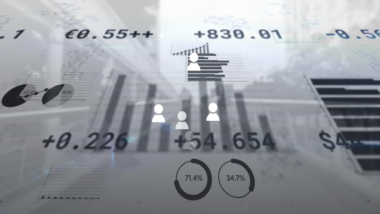 도시 다리에 대한 통계 데이터 처리 위에 떠다니는 여러 프로필 아이콘의 애니메이션