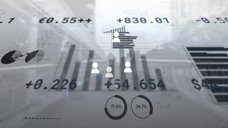 animación de íconos de perfiles múltiples que flotan sobre el procesamiento de datos estadísticos contra el puente de la ciudad