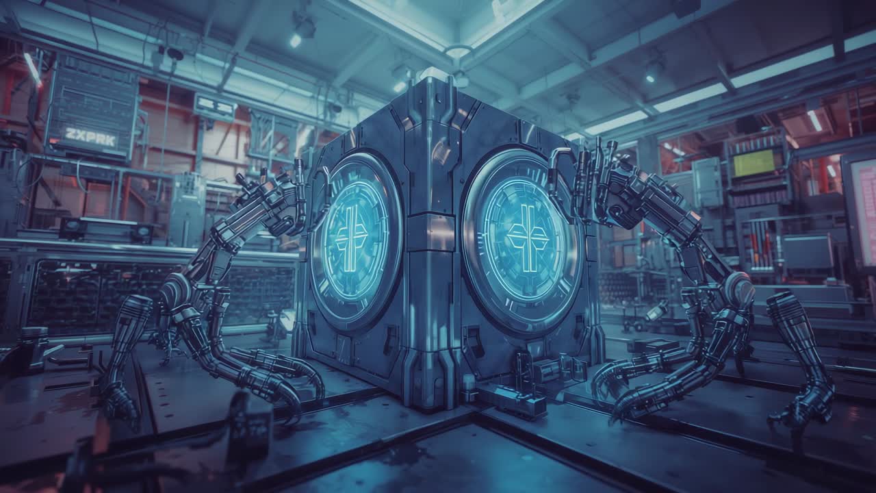 Pulsing energy cube panels causing lights intensifying and robotic arms scanning in high-tech lab