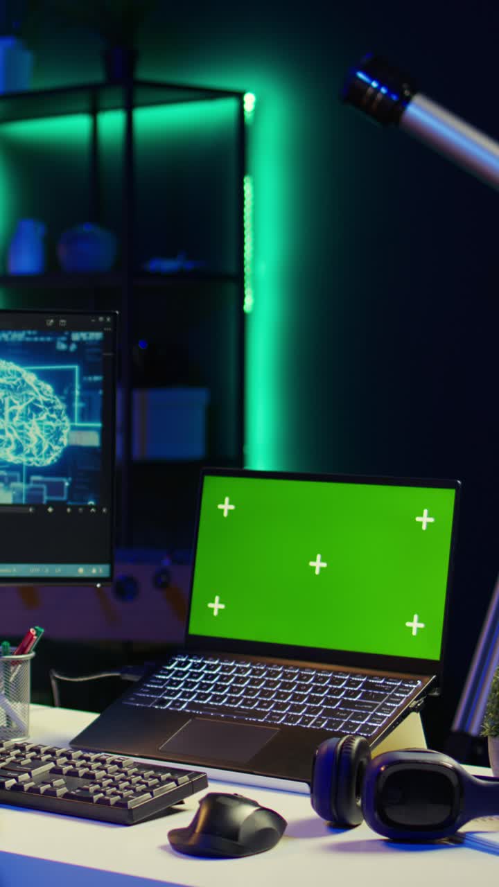 Video verticale Uomo afroamericano che usa l'IA per sviluppare un sistema software con chroma key su PC
