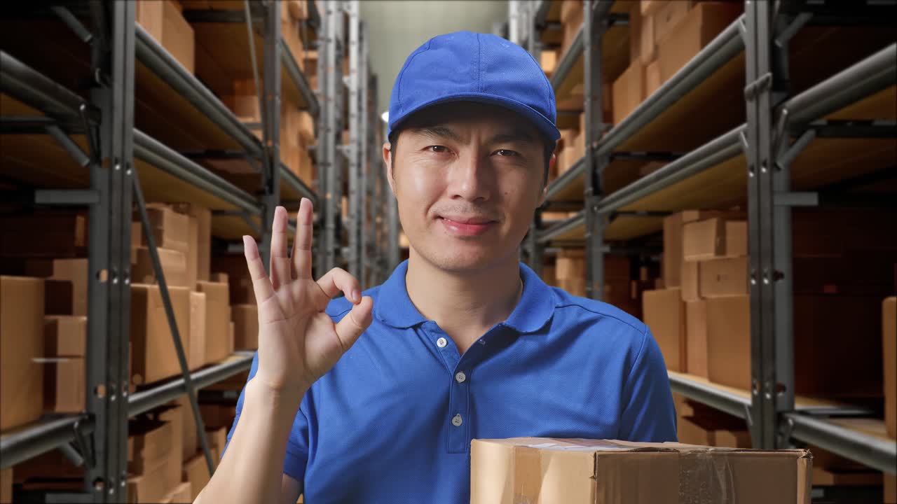trabajador de almacén con paquete que sostiene el signo ok