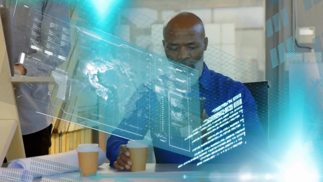 Tech engineer tapping handheld and initiating holographic globe overlay while colleague pointing