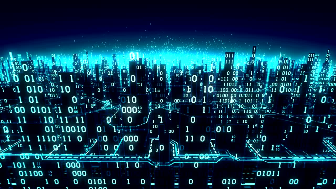 Aerial view of abstract futuristic digital city, a high-tech background with binary arrays connected to the global network, matrix, seamless loop, alpha matte