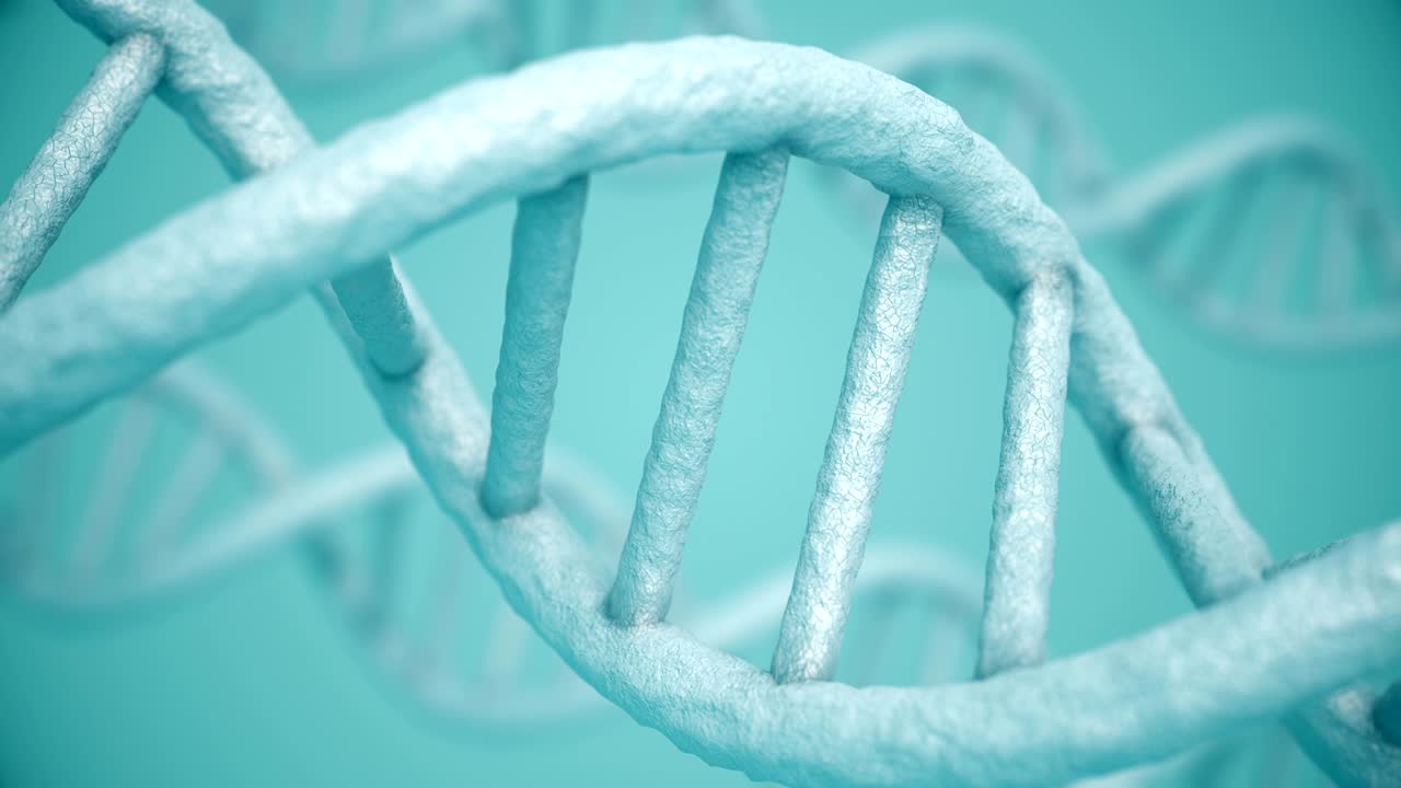 Rotating DNA molecule on blue background