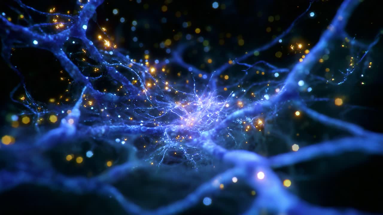 A Stunning Visual Representation of Neurons and Synapses with Glowing Particles, Illustrating the Complexity of Neural Networks and Brain Function