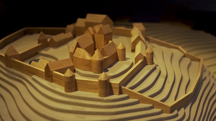 Wooden model tight push out of Hammershus Ruin slow motion Bornholm Denmark