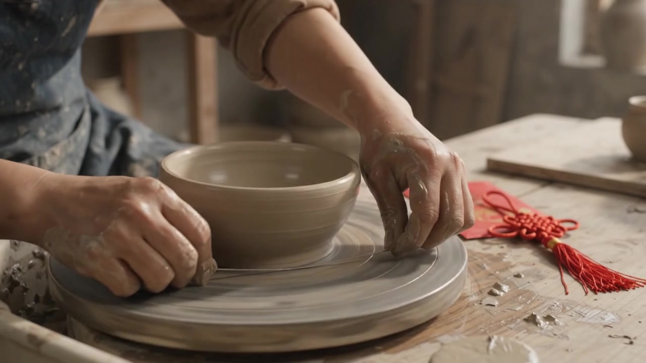 Potter Shaping a Clay Bowl on a Spinning Wheel