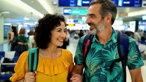 adult couple with a backpack walking at a busy airport boarding area