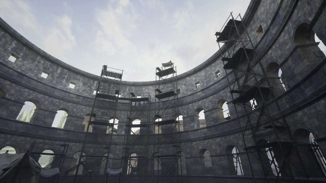 Ruínas circulares massivas com arcos abobadados e sombras dramáticas.