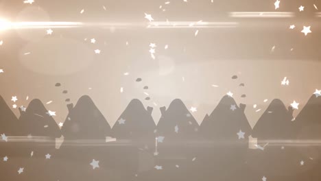 animation of christmas stars falling over christmas decorations on brown background