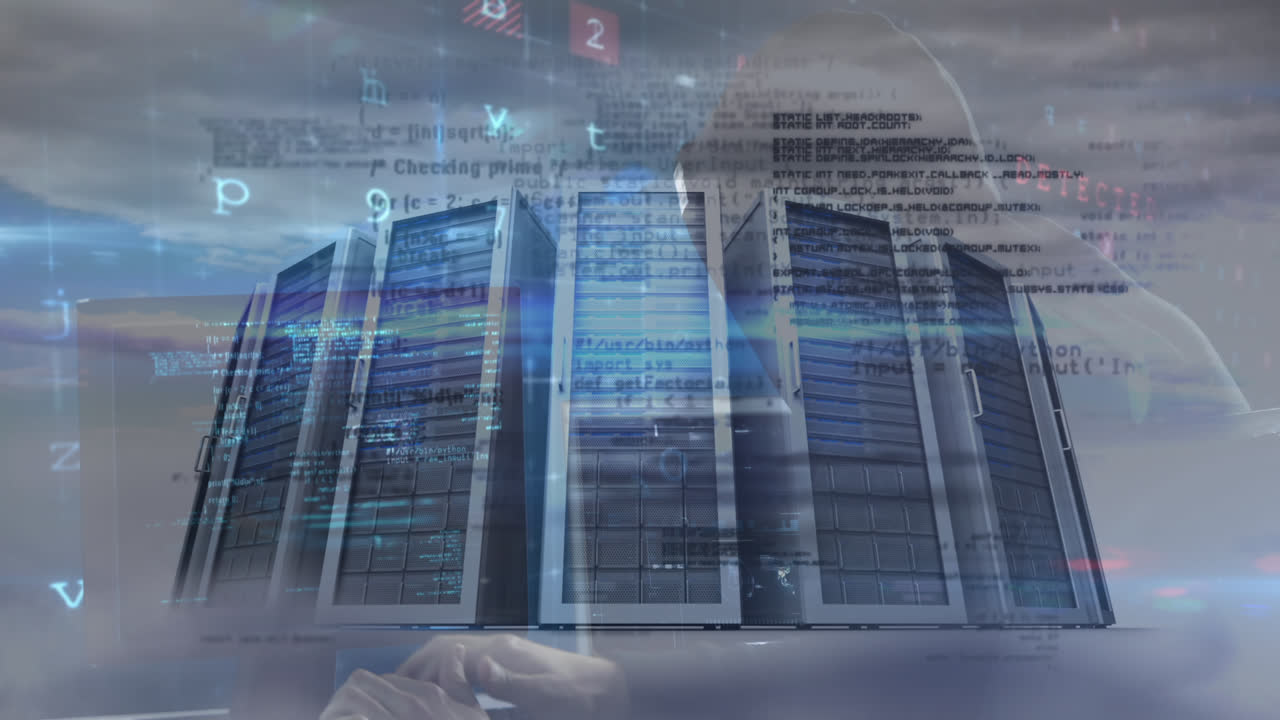 Animation of cyber attack warning and data processing over computer servers