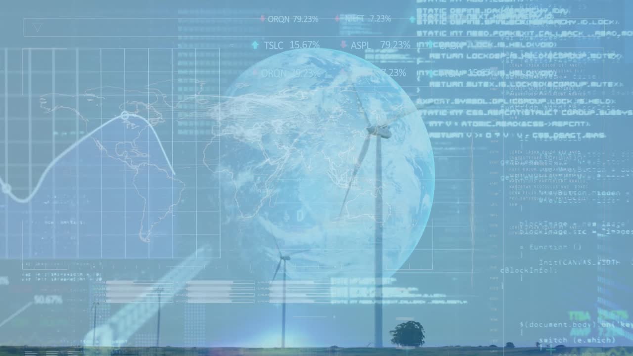 파란 하늘을 배경으로 회전하는 전지구와 풍차에 대한 주식 시장 데이터 처리 애니메이션